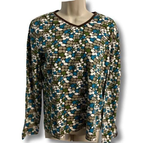 Kim Rogers Long Sleeve Blue and green top. Size Medium. Geometric pattern. - Picture 1 of 4